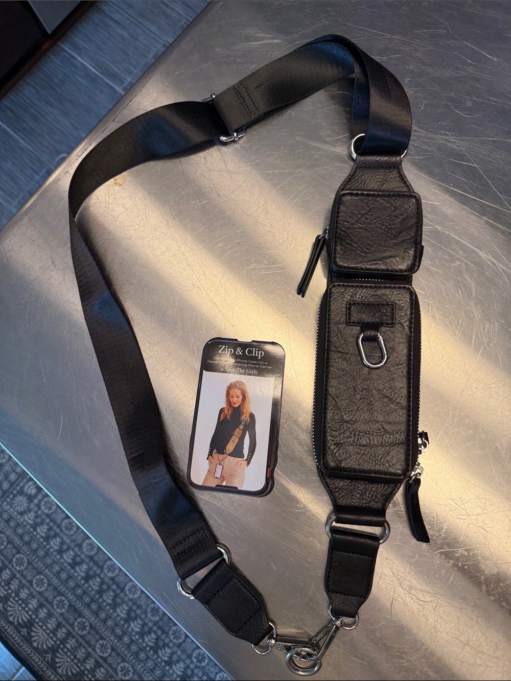 Black Zip & Clip Crossbody Phone Strap
